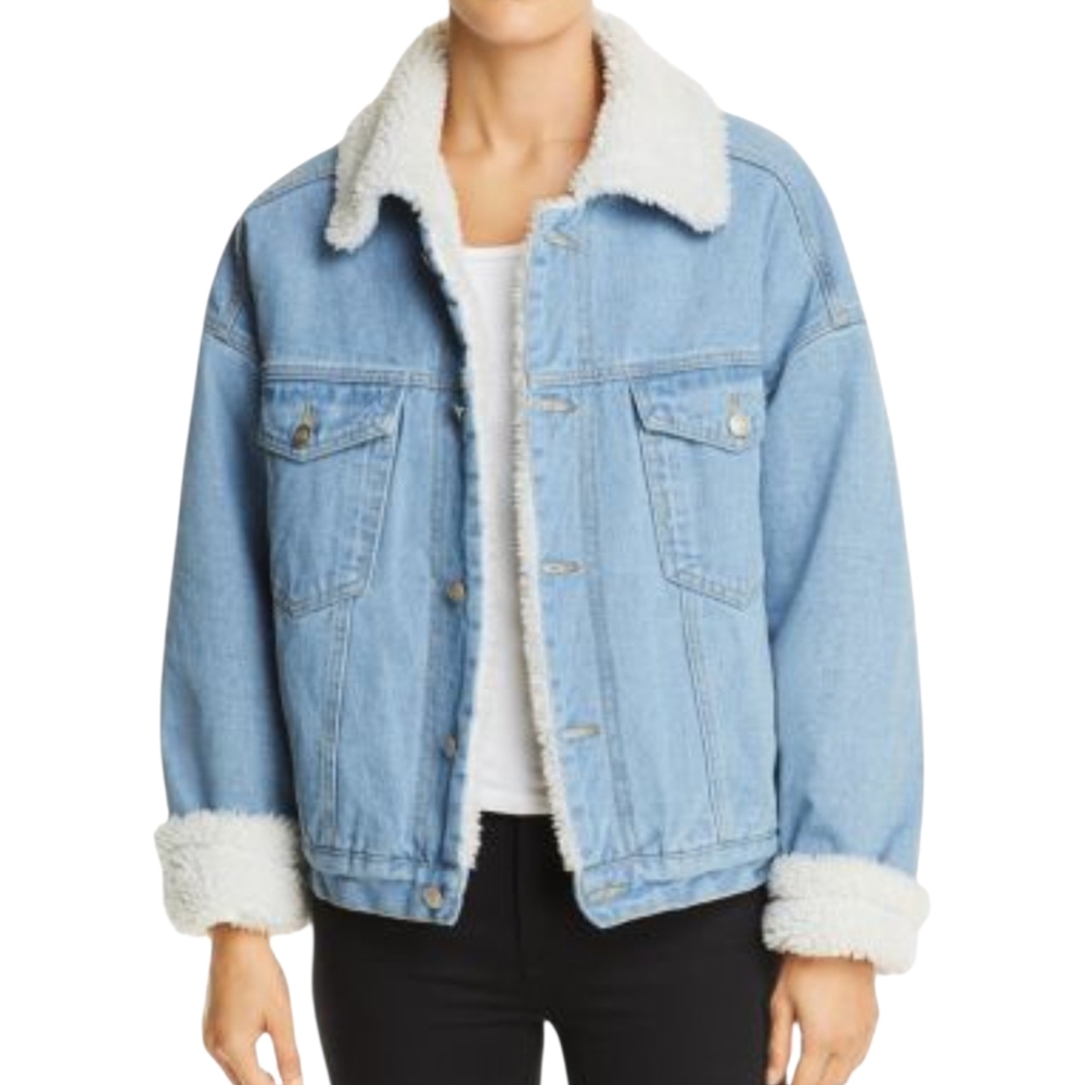 Sage THE LABEL Pretty Lovers Denim Jacket Large Oversized Sherpa Lined Trucker